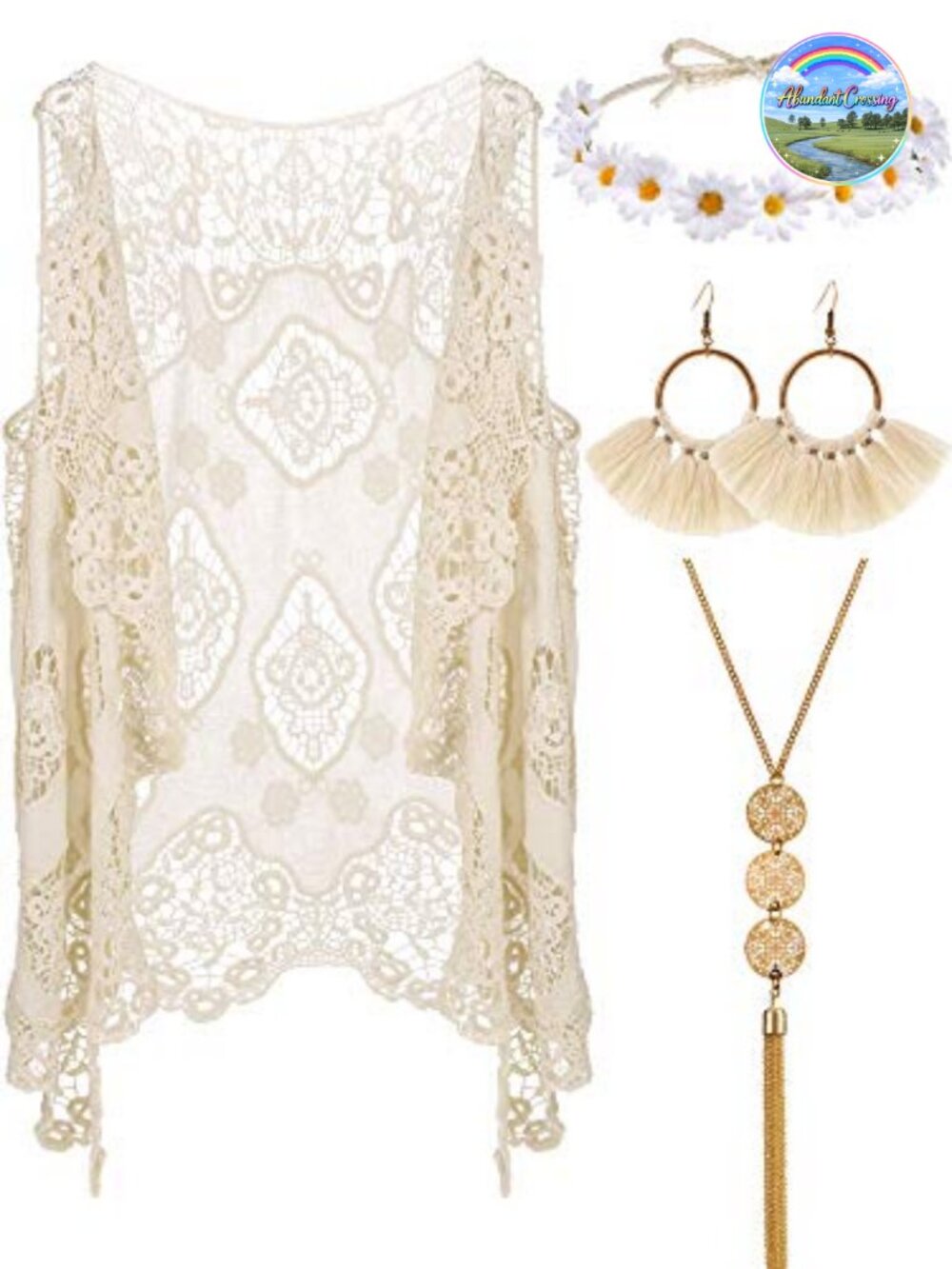 Hippie Costume Set Crochet Vest Tassel Earrings Headband Choker 60s 70s